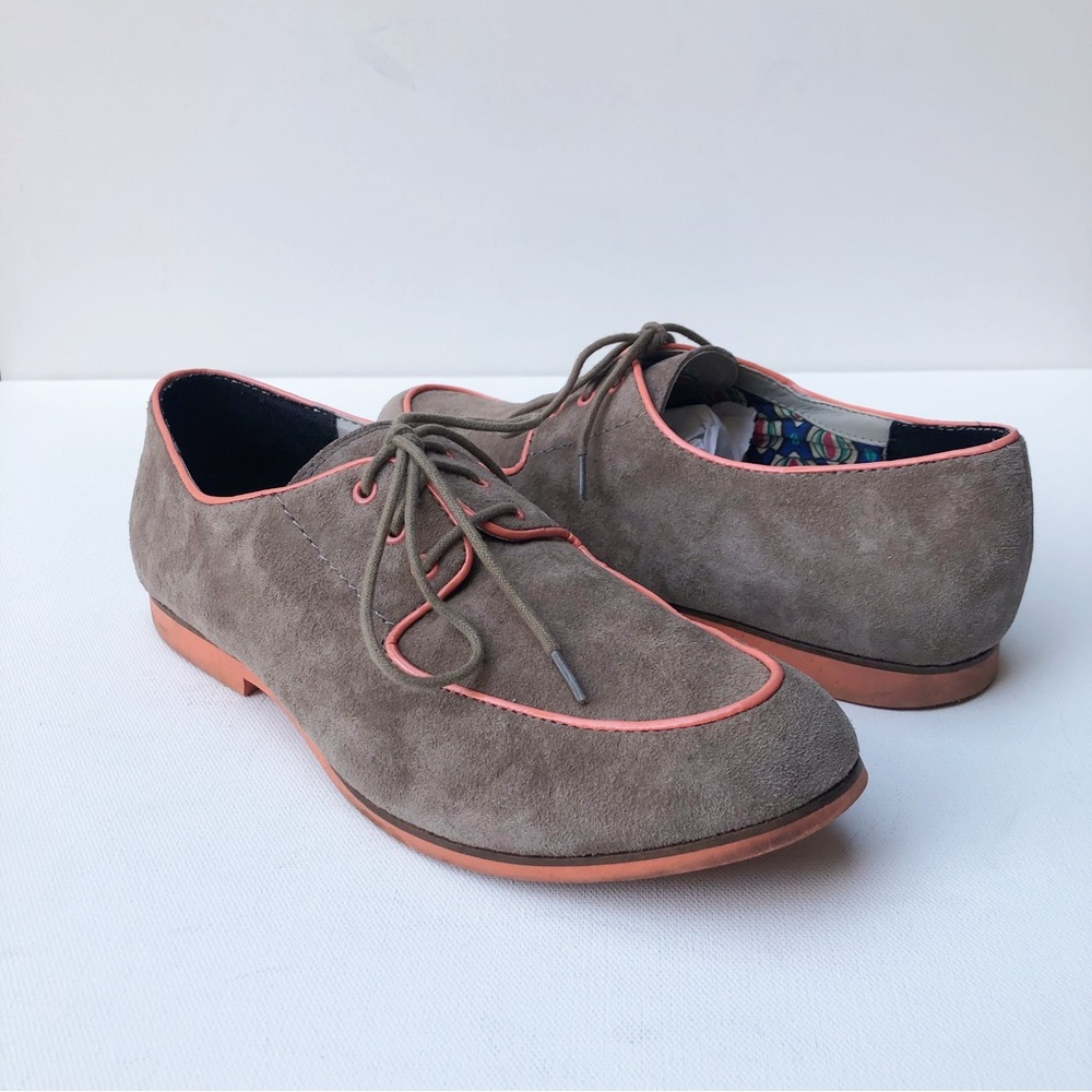 Hush Puppies Suede Oxfords Women Size 9.5 Lace up Taupe Coral Loafers Dress Shoe